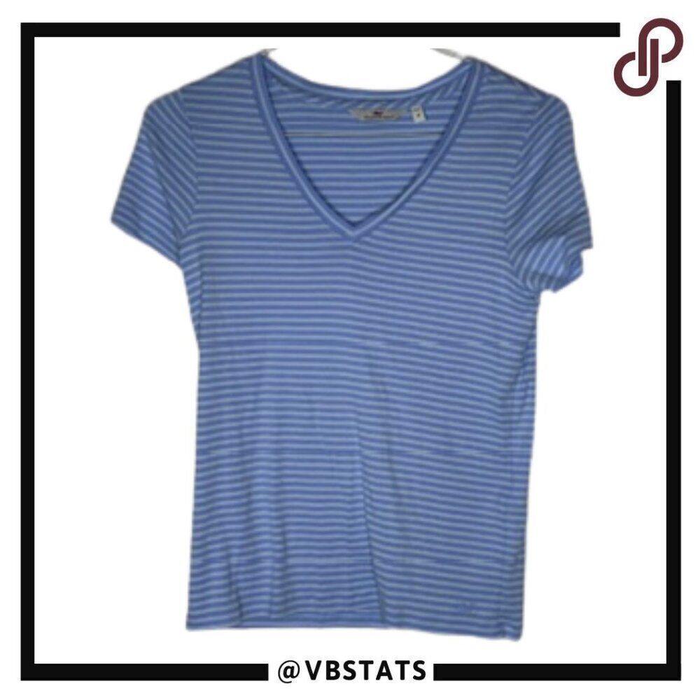Vineyard Vines Women's V-Neck Short Sleeve Blue and White Striped Top Medium